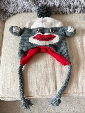 Gray and Red Sock Monkey Earflap Beanie Hat with Pom